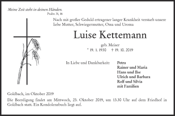 Traueranzeige von Luise Kettemann von Hohenloher Tagblatt