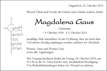 Traueranzeige von Magdalena Gaus von Hohenzollerische Zeitung