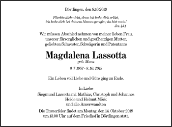 Traueranzeige von Magdalena Lassotta von NWZ Neue Württembergische Zeitung