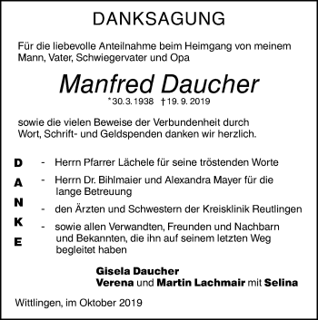 Traueranzeige von Manfred Daucher von Metzinger-Uracher Volksblatt