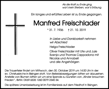 Traueranzeige von Manfred Freischlader von Hohenzollerische Zeitung