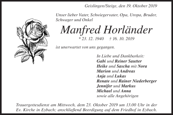 Traueranzeige von Manfred Horländer von Geislinger Zeitung