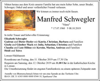 Traueranzeige von Manfred Schwegler von Geislinger Zeitung