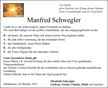 Traueranzeige von Manfred Schwegler von Geislinger Zeitung