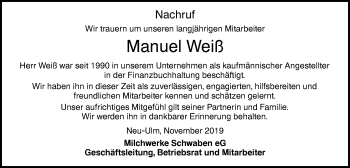 Traueranzeige von Manuel Weiß von SÜDWEST PRESSE Ausgabe Ulm/Neu-Ulm