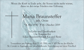 Traueranzeige von Maria Braunsteffer von SÜDWEST PRESSE Ausgabe Ulm/Neu-Ulm