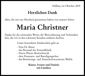 Traueranzeige von Maria Christner von Metzinger-Uracher Volksblatt