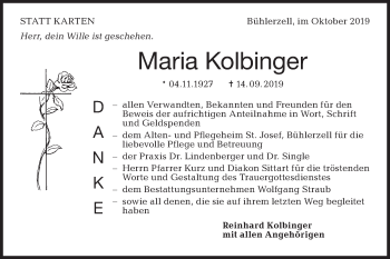 Traueranzeige von Maria Kolbinger von Haller Tagblatt