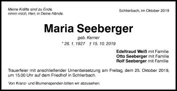 Traueranzeige von Maria Seeberger von NWZ Neue Württembergische Zeitung