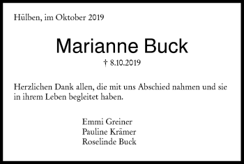 Traueranzeige von Marianne Buck von Metzinger-Uracher Volksblatt