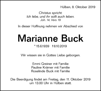 Traueranzeige von Marianne Buck von Metzinger-Uracher Volksblatt