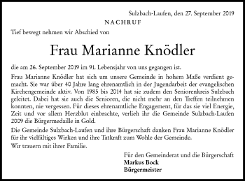 Traueranzeige von Marianne Knödler von Rundschau Gaildorf