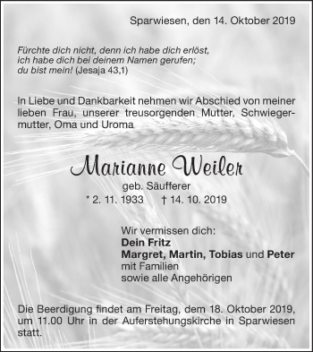 Traueranzeige von Marianne Weiler von NWZ Neue Württembergische Zeitung