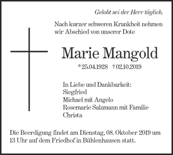 Traueranzeige von Marie Mangold von SÜDWEST PRESSE Ausgabe Ulm/Neu-Ulm