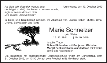 Traueranzeige von Marie Schnelzer von NWZ Neue Württembergische Zeitung