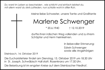 Traueranzeige von Marlene Schwenger von Haller Tagblatt