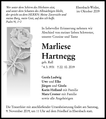 Traueranzeige von Marliese Hartnegg von NWZ Neue Württembergische Zeitung