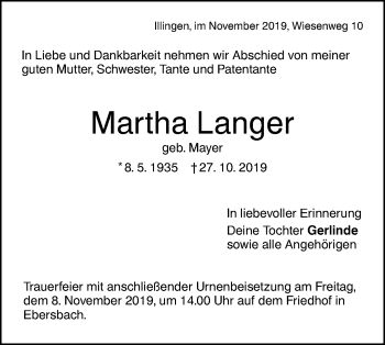 Traueranzeige von Martha Langer von NWZ Neue Württembergische Zeitung