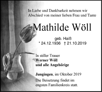 Traueranzeige von Mathilde Wöll von Hohenzollerische Zeitung