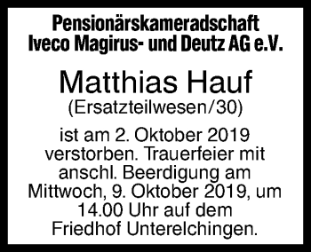 Traueranzeige von Matthias Hauf von SÜDWEST PRESSE Ausgabe Ulm/Neu-Ulm