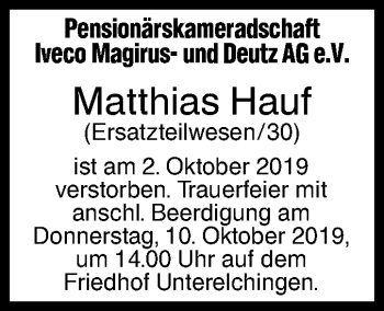 Traueranzeige von Matthias Hauf von SÜDWEST PRESSE Ausgabe Ulm/Neu-Ulm