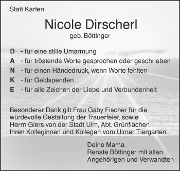 Traueranzeige von Nicole Dirscherl von SÜDWEST PRESSE Ausgabe Ulm/Neu-Ulm