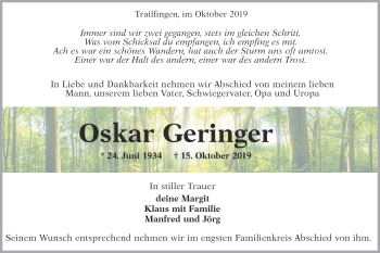 Traueranzeige von Oskar Geringer von Alb-Bote/Metzinger-Uracher Volksblatt