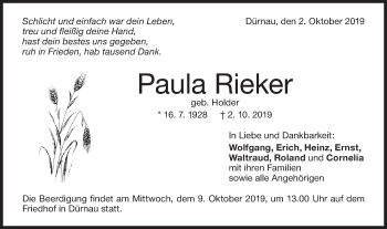 Traueranzeige von Paula Rieker von NWZ Neue Württembergische Zeitung