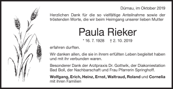 Traueranzeige von Paula Rieker von NWZ Neue Württembergische Zeitung