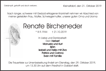 Traueranzeige von Renate Bircheneder von Rundschau Gaildorf