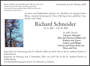 Traueranzeige von Richard Schneider von Rundschau Gaildorf