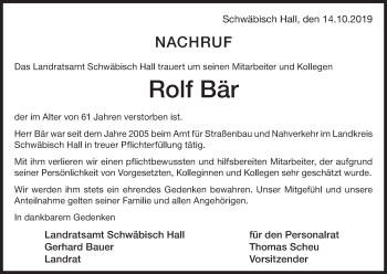 Traueranzeige von Rolf Bär von Rundschau Gaildorf