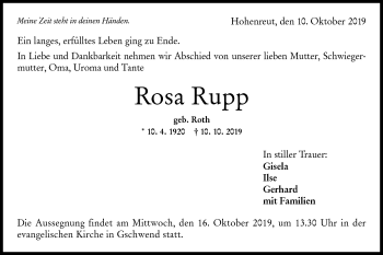 Traueranzeige von Rosa Rupp von Rundschau Gaildorf