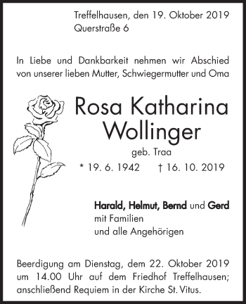 Traueranzeige von Rosa Katharina Wollinger von NWZ Neue Württembergische Zeitung/Geislinger Zeitung