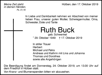 Traueranzeige von Ruth Buck von Alb-Bote/Metzinger-Uracher Volksblatt