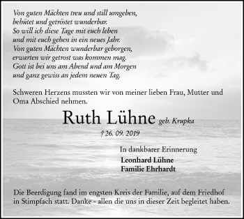 Traueranzeige von Ruth Lühne von Hohenloher Tagblatt