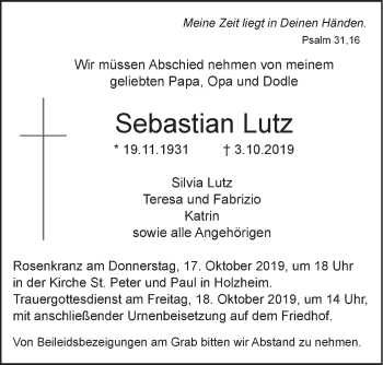 Traueranzeige von Sebastian Lutz von SÜDWEST PRESSE Ausgabe Ulm/Neu-Ulm