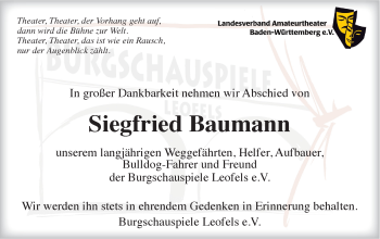 Traueranzeige von Siegfried Baumann von Hohenloher Tagblatt