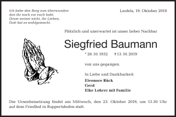 Traueranzeige von Siegfried Baumann von Haller Tagblatt