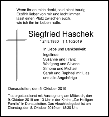 Traueranzeige von Siegfried Haschek von SÜDWEST PRESSE Ausgabe Ulm/Neu-Ulm