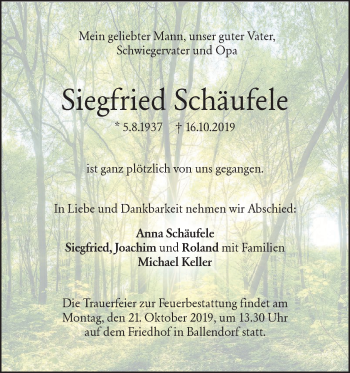 Traueranzeige von Siegfried Schäufele von SÜDWEST PRESSE Ausgabe Ulm/Neu-Ulm