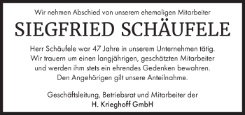 Traueranzeige von Siegfried Schäufele von SÜDWEST PRESSE Ausgabe Ulm/Neu-Ulm