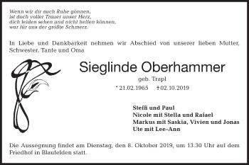 Traueranzeige von Sieglinde Oberhammer von Hohenloher Tagblatt