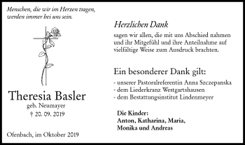 Traueranzeige von Theresia Basler von Hohenloher Tagblatt