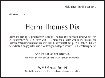 Traueranzeige von Thomas Dix von Geislinger Zeitung