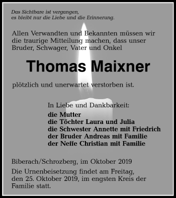 Traueranzeige von Thomas Maixner von Hohenloher Tagblatt