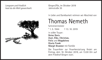 Traueranzeige von Thomas Nemeth von NWZ Neue Württembergische Zeitung/Geislinger Zeitung