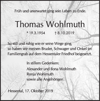 Traueranzeige von Thomas Wohlmuth von Haller Tagblatt