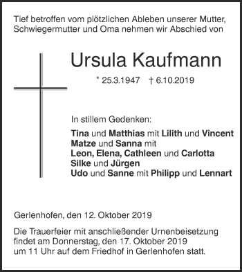 Traueranzeige von Ursula Kaufmann von SÜDWEST PRESSE Ausgabe Ulm/Neu-Ulm