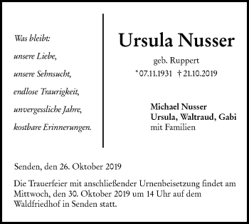 Traueranzeige von Ursula Nusser von SÜDWEST PRESSE Ausgabe Ulm/Neu-Ulm